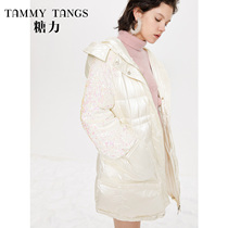 (Shopping mall same model) sugar power winter new warm hooded sequin stitching shiny down jacket women