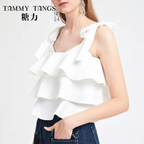 (Shopping mall same model) Sugar Power summer new white cascading ruffle sleeveless outer suspender jacket female short