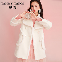 (Shopping mall same model) sugar power winter New woolen coat double row pearl buckle big lapel coat women