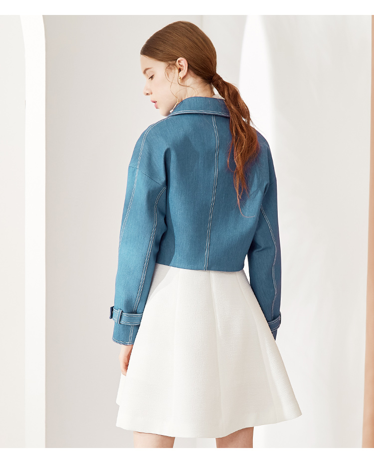 Đường 2018 mùa thu mới Châu Âu và Mỹ của phụ nữ màu xanh dài tay áo ve áo loose giả denim áo ngắn áo khoác gió nữ cao cấp