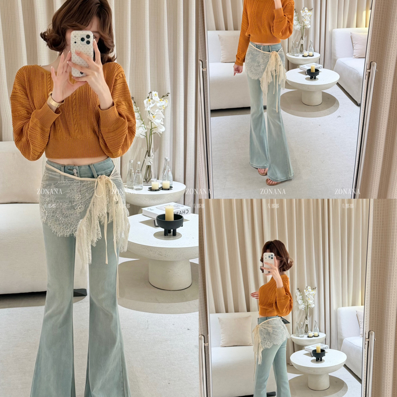Thirteen Lines Women's Fashion 26 Summer New Trendy Hip-Covering Versatile Flared Jeans (with Detachable Lace Back Panel) 9056