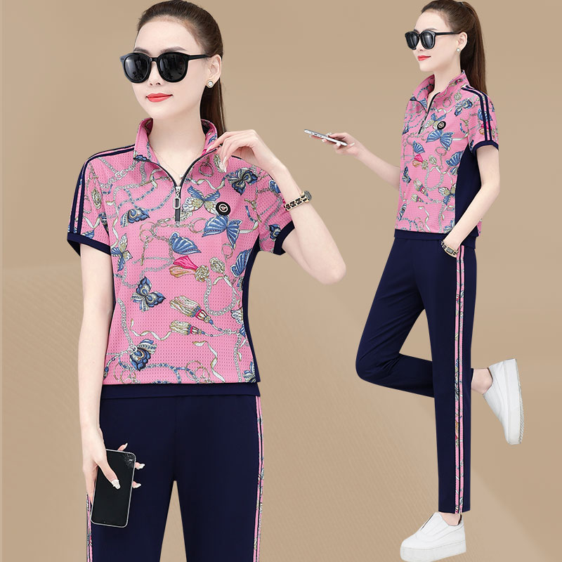 Casual Sports Suit Women's Summer 2022 New Ice Ribbon Big Size Easy Fashion Short Sleeve Foreign Pie Two Sets