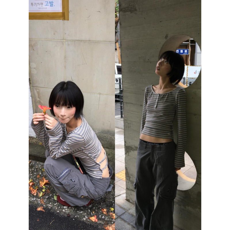 [in Stock] Gulem Kim Ss26 Angel Island Ochre Gray Button Stripe Backless Deep U-Neck Long Sleeve Top