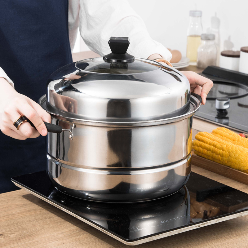 Thick stainless steel steamer double layer household soup pot stew pot hot pot steamed steamer induction cooker gas pot 28cm