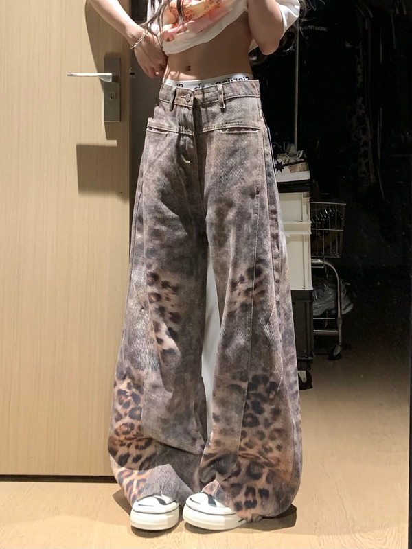 Yinlian 3D Printed Mottled Leopard Print Y2K Loose Wide-Leg Scimitar Pants Casual Jeans for Men and Women