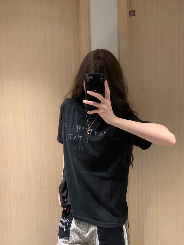 Yinlian Double-Layer Collar Distressed Letter Print Short-Sleeved T-Shirt for Women, Loose Casual Short Top for Men