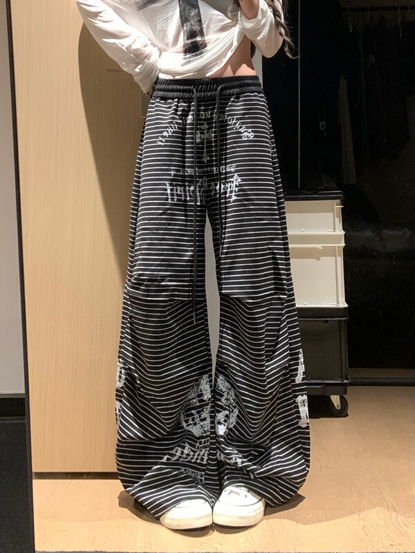 Yinlian American Gothic Letter Print Striped Casual Pants Unisex Loose Long Pants Drawstring Wide Leg Pants