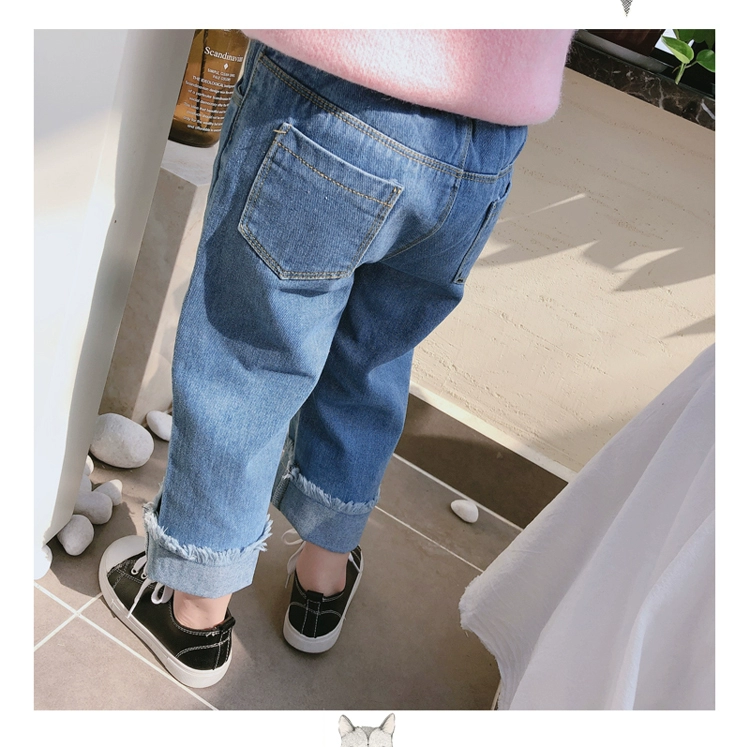 Xuân 2019 cho bé gái mới thoải mái tua quần jeans quần trẻ em cá tính co giãn giản dị - Quần jean