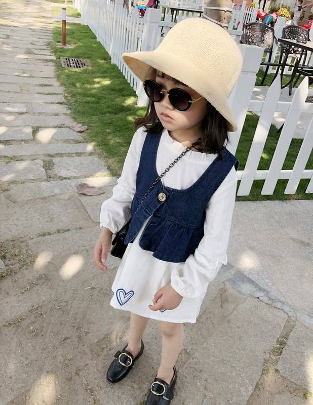 Bộ đồ trẻ em 2018 xuân hè bé gái bằng gỗ tay dài tay áo bé gái denim + váy trẻ em hai bộ