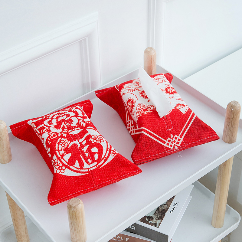 Chinese cotton linen red paper towel box Heqing living room paper towel sleeve tissue bag extraction style toilet paper case extraction toilet paper bag removable toilet paper bag cloth art