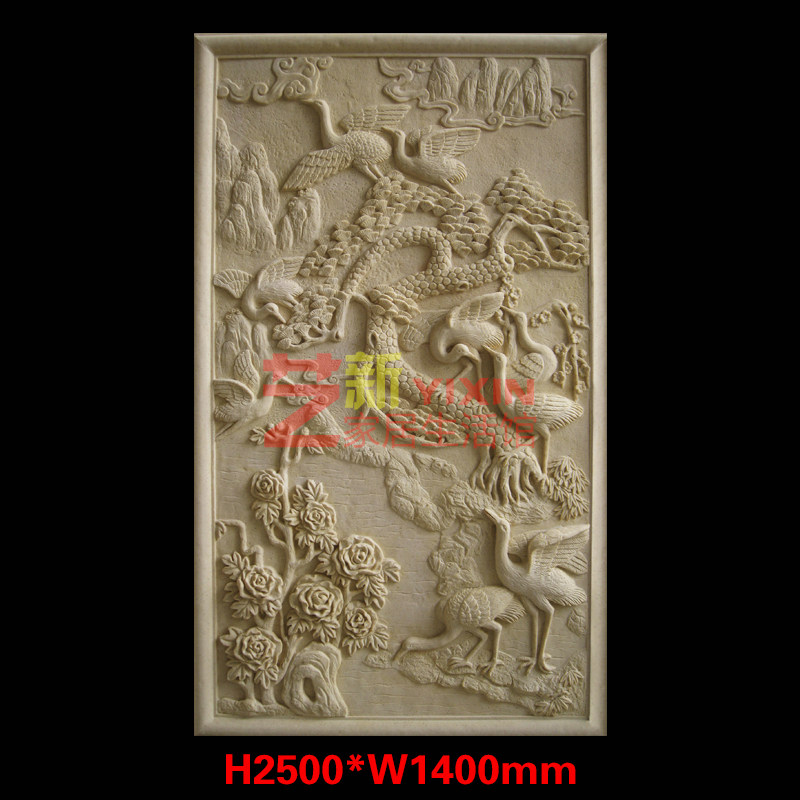 Sandstone relief hotel villa classic art TV background wall Chinese crane picture flower and bird three-dimensional decorative mural