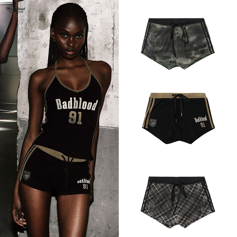 Badblood American Retro 91 Sports Shorts with Letter Embroidery Casual Hot Girl Dance Hot Pants Drawstring Boxer Shorts