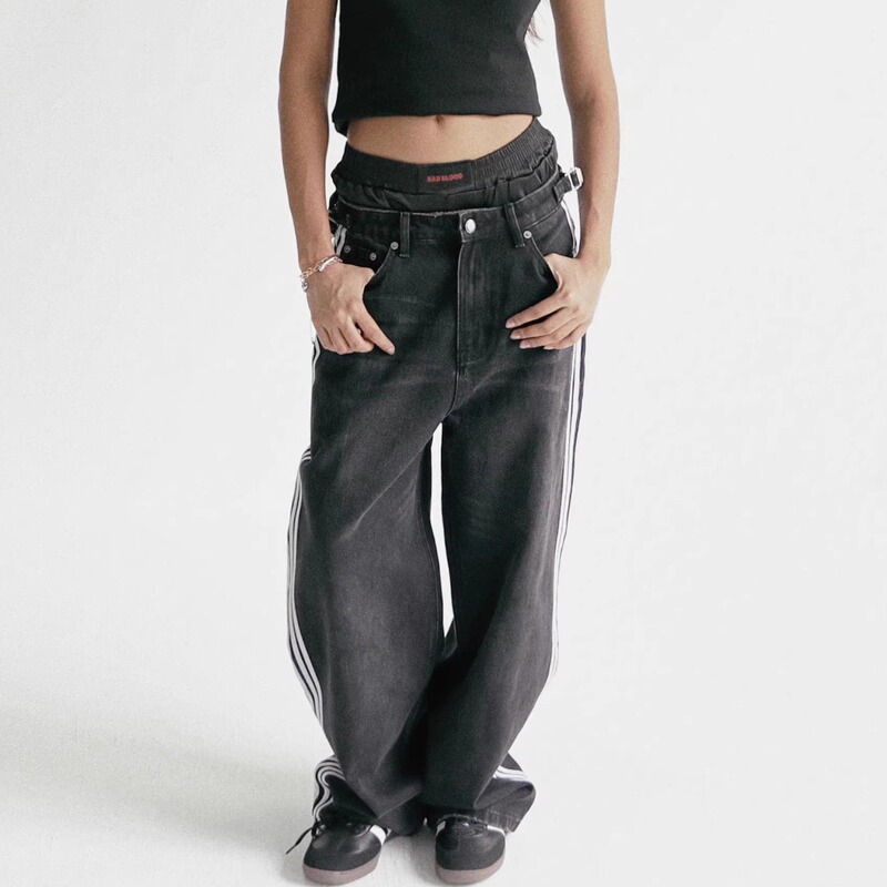 Badblood Park Jae-Beom Style Low-Rise Straight-Leg Jeans Black Washed Vintage Three-Stripe Floor-Length Wide-Leg Pants