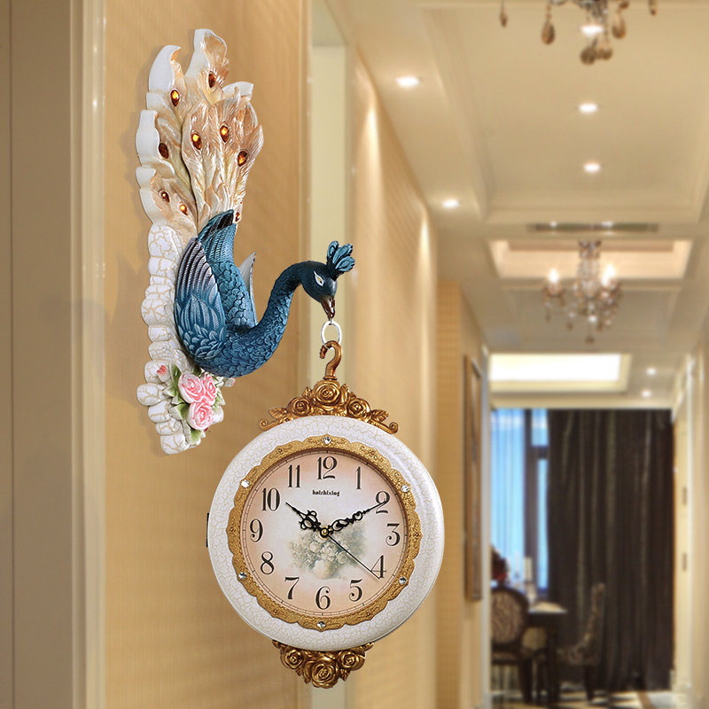 Double sided hanging bell peacock decoration light lavish style living room watch and watch Home Fashion creative personality Atmospheric hanging table clock