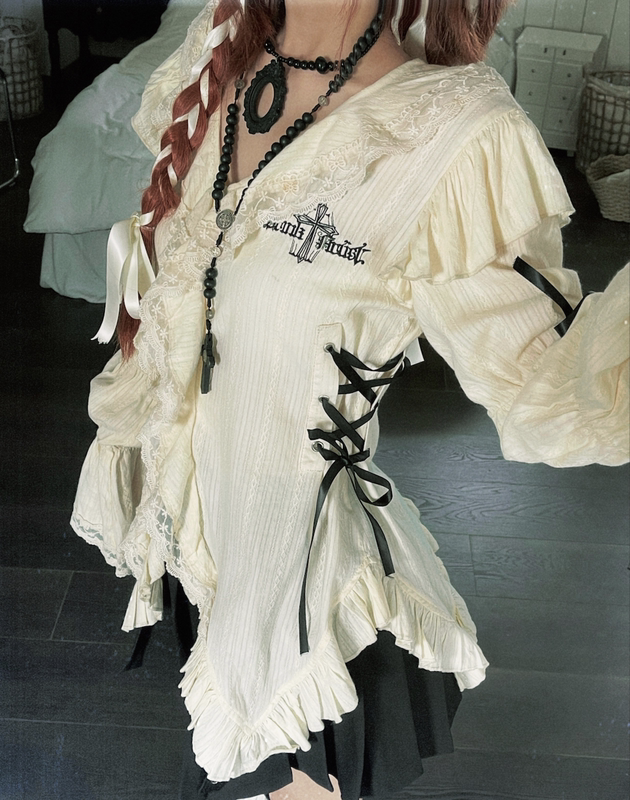 Original Subculture Lace Ruffle Vintage Embroidered Jacquard Puff Sleeve Bow Tie Swallowtail Shirt from the Jiujumi Market