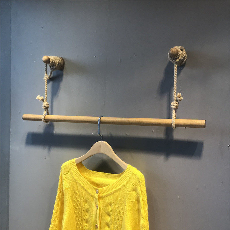 Clothing Store Hook Upper Wall Display Rack Hemp Rope Retro Wood Stick Wall-mounted Rack Hanger Positive Hang Shop Renovation