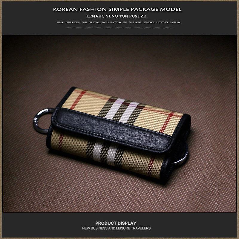 Key button Key European and American sales Female Genuine Leather Key Bag Buckle Plaid canvas Bull Leather matching leather key bag