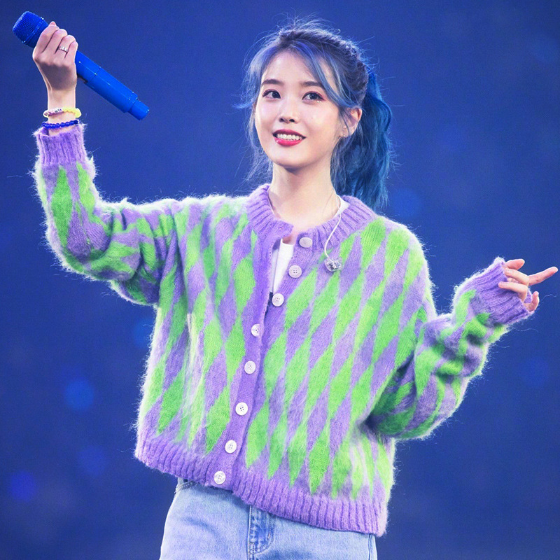 Iu Lee Ji-Eun's Same Style Green and Purple Argyle Mohair Cardigan Sweater Coat, Age-Reducing and Stylish Knitted Top for Women Iu Lee Ji-Eun's Same Style Green and Purple Argyle Mohair Cardigan Sweater Coat, Age-Reducing and Stylish Knitted Top for Women