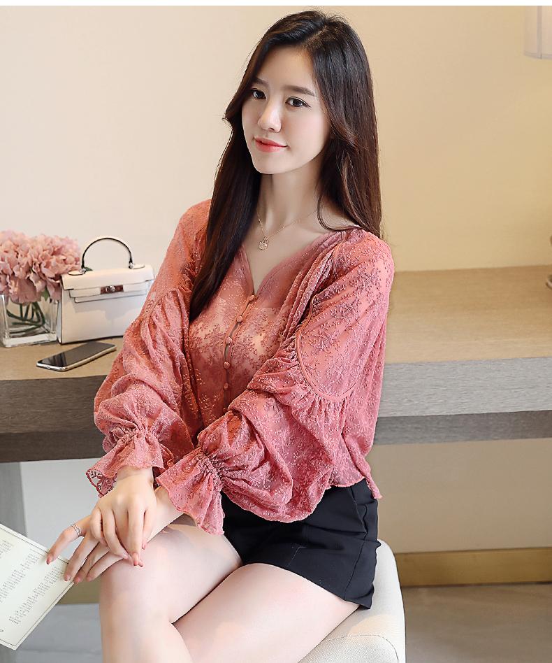 Áo sơ mi voan tay dài nữ thanh lịch top 2019 xuân mới Hàn Quốc phiên bản áo thun cổ chữ V hoang dã buông tha thoi trang cong so