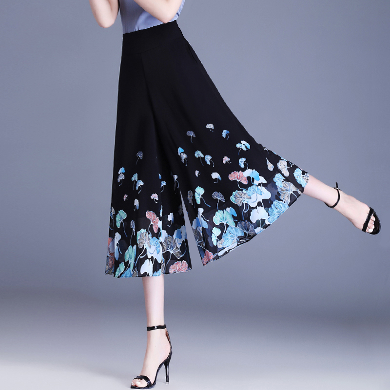 Capri Pants Summer Thin Women's Printed Pants Skirt Pants 2026 New Style Petite Chiffon Wide-Leg Pants Loose Pants Skirt