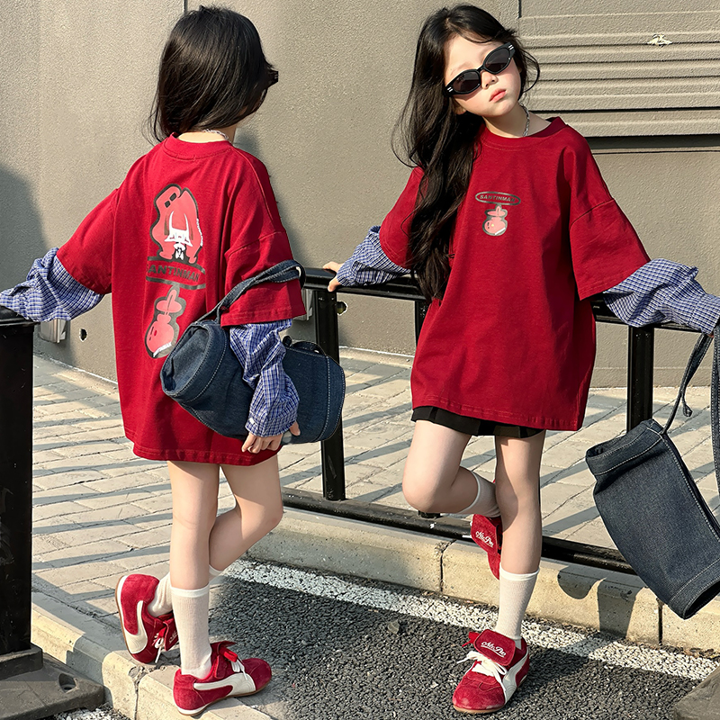 女の子の韓国風長袖ボトムシャツミドル丈子供用純綿フェイクツーピースTシャツ小さな女の子の甘くてクールなゆったりトップス