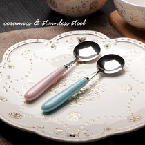 Blue Lotus home creative Cute ceramic handle stainless steel spoon household rice spoon dessert spoon ice cream spoon ice cream spoon