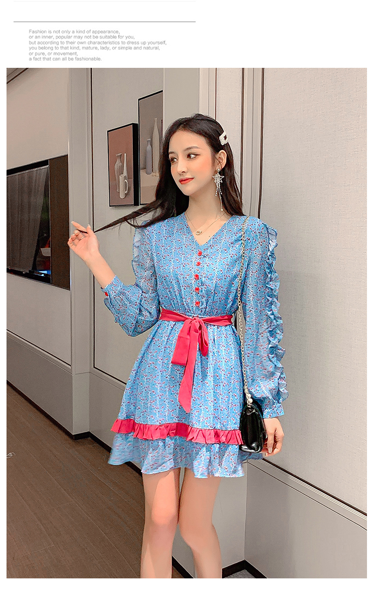 VK旗艦店 韓國風復古碎花雪紡木耳邊收腰長袖洋裝