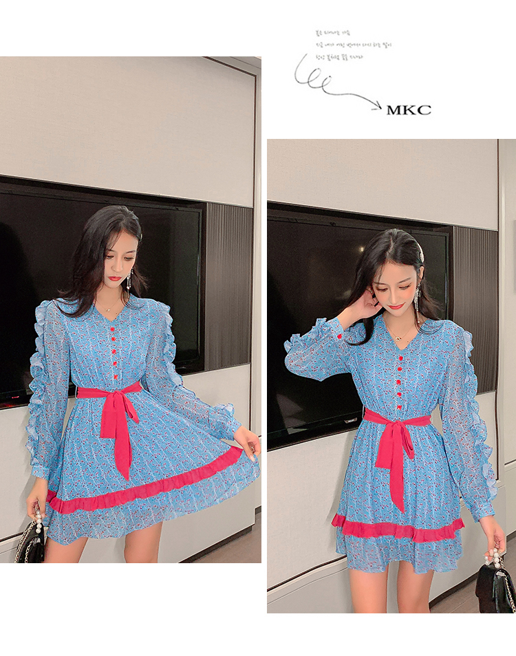 VK旗艦店 韓國風復古碎花雪紡木耳邊收腰長袖洋裝