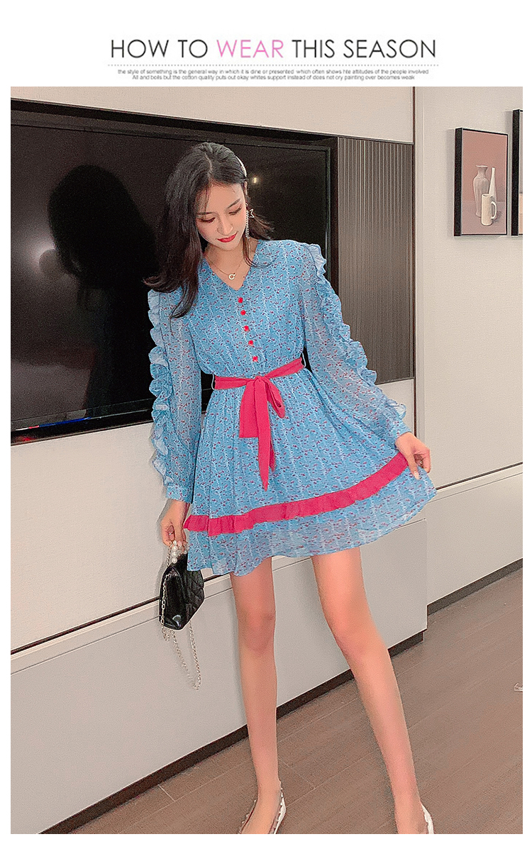 VK旗艦店 韓國風復古碎花雪紡木耳邊收腰長袖洋裝