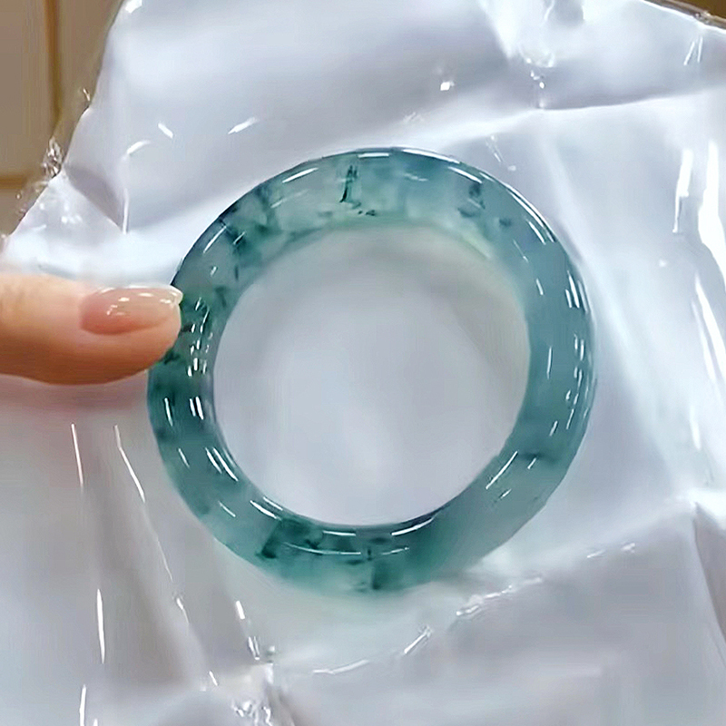 Natural Ice Jadeite Bangle with Floating Flowers, Burmese A-Grade Genuine Glass-Type Blue Flower Round Bracelet for Women