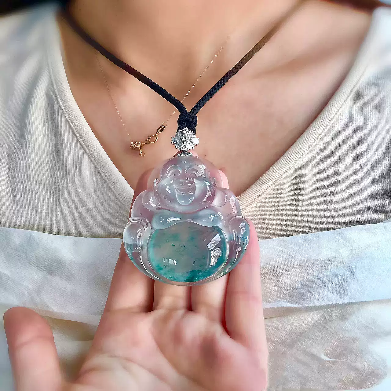 高冰種飄花佛公翡翠吊墜緬甸天然a貨正品藍色的花大玉佛笑佛女款禮物-淘