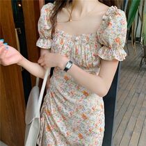 Oil painted lace dress 2021 Super Semko short - sleeved French sweet orange bubble sleeve skirt