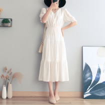 Snow - spinning dress girl 2021 summer new white super - fairy temperament Heben Wind Waist Short - sleeve V over knee long skirt
