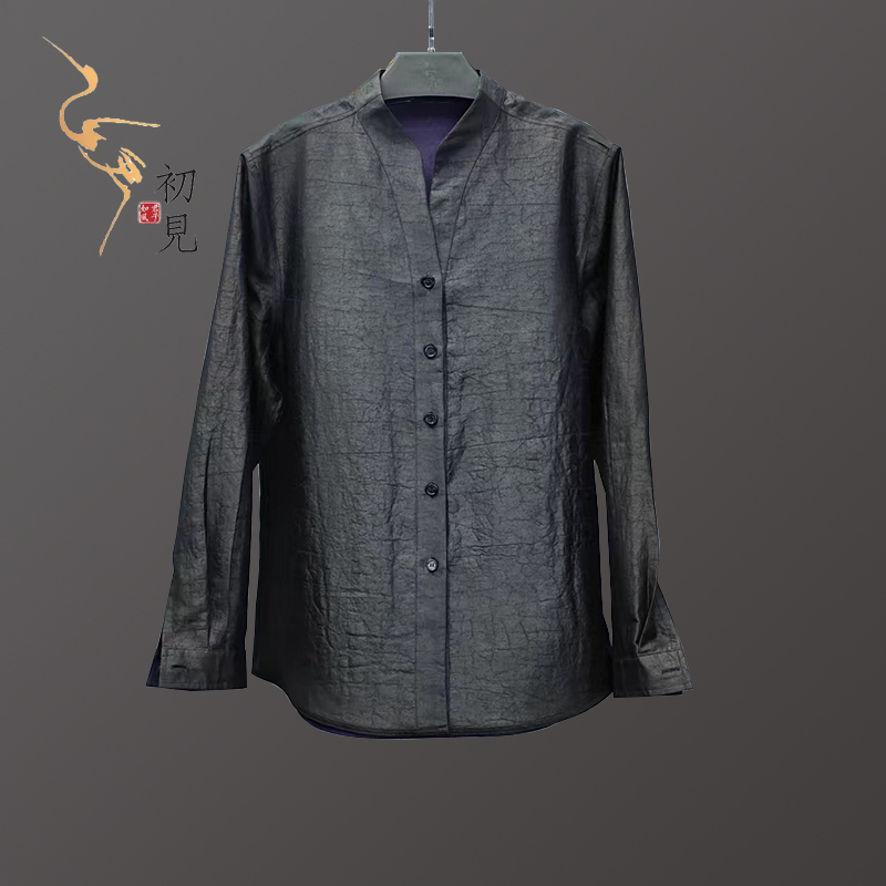 Turtle Pattern Stand-Up Collar Shirt for Men, Spring and Autumn, Double-Sided Reversible Retro Tang Suit Top, Men's Loose Casual Long-Sleeve Shirt