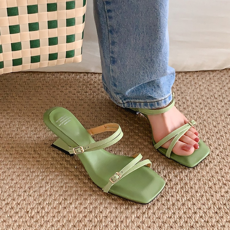 Korean-Style Green One-Strap Buckle Sandals for Women, Summer Outdoor Open-Toe Wedge Heel Non-Slip Comfortable Niche Slippers