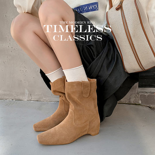 Fashionable square toe nubuck leather short boots for women in winter, taller and slimmer, western pile boots, new short boots, retro