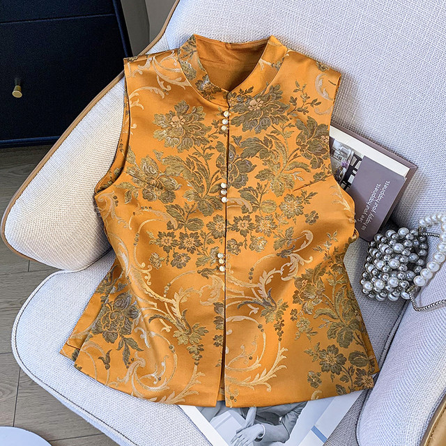 New Chinese-Style Tang Suit with a Stand-Up Collar, Traditional Chinese Style, Heavy-Duty Satin Jacquard Embroidery, Improved Hanfu Vest