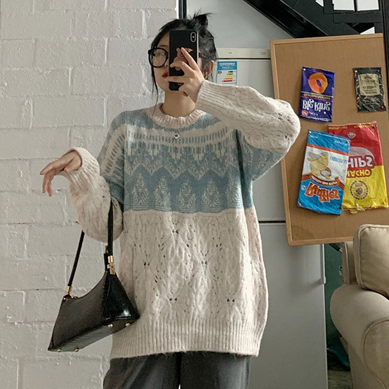 Generally cute sweater women's loose lazy style 2021 new spring and autumn outerwear splicing retro pullover sweater