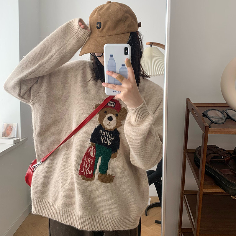 Generally cute raccoon hair pullover sweater women's 2021 new autumn and winter outer wear inner print loose and lazy style