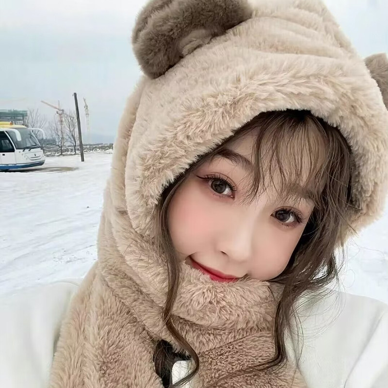 Yu Shuxin's same style bear hat, scarf, gloves, winter thickened warm plush ear flap neck warmer three-piece set