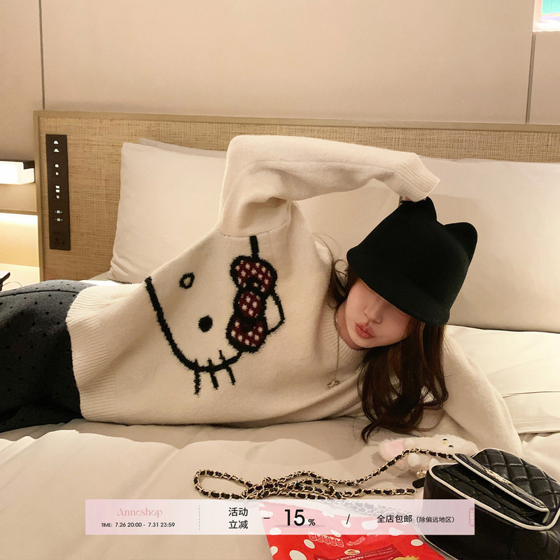 Anneshop【Group Favorite Kitty】Kitty Cat Soft Wool Pullover Sweater for Women Winter Loose Knit Top