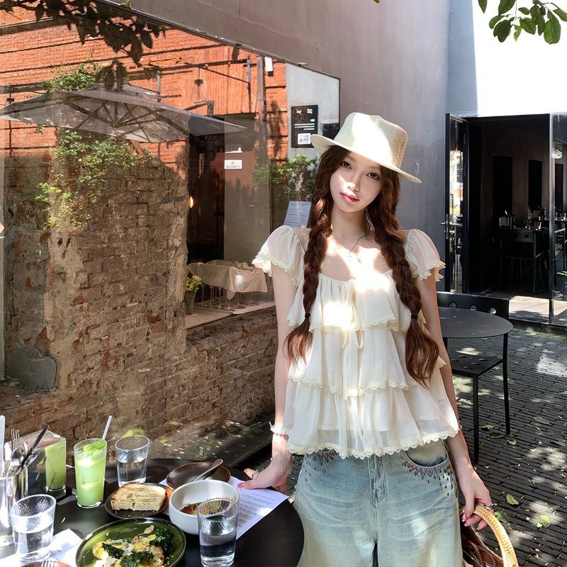 Anneshop'Eden Garden Travel Notes' Lace Trimmed Flutter Sleeve Chiffon Blouse for Women, New Summer Style, High-End Gauze Top Anneshop'Eden Garden Travel Notes' Lace Trimmed Flutter Sleeve Chiffon Blouse for Women, New Summer Style, High-End Gauze Top