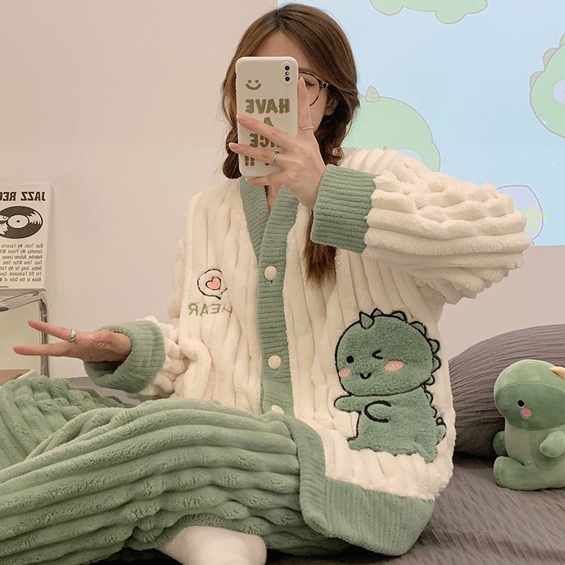 Coral Velvet Pajamas for Women, Winter Long-Sleeved Cardigan, Green Dinosaur, Fleece-Lined, Thickened Plush Flannel Home Wear Set