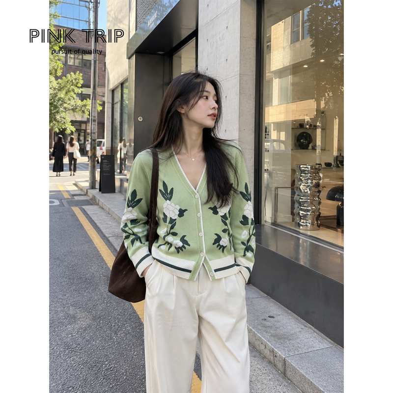 French Retro Knitted Cardigan for Women, Bean Green Floral Jacquard, Gentle Style, Sage Green V-Neck Spring & Fall Sweater Jacket