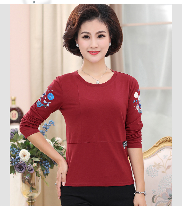 Áo bà mẹ trung niên 40-50 tuổi Áo thun dài tay nữ mùa xuân và mùa thu rộng kích thước lớn in áo sơ mi cotton áo phông cộc tay nữ