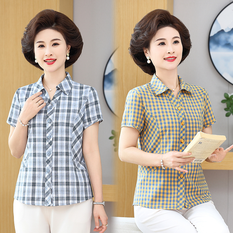 Cotton Plaid Shirt Tops for Women, New Summer Style, Thin Casual Slimming Mid-Short Sleeve Shirts for Mothers, Women's Clothing