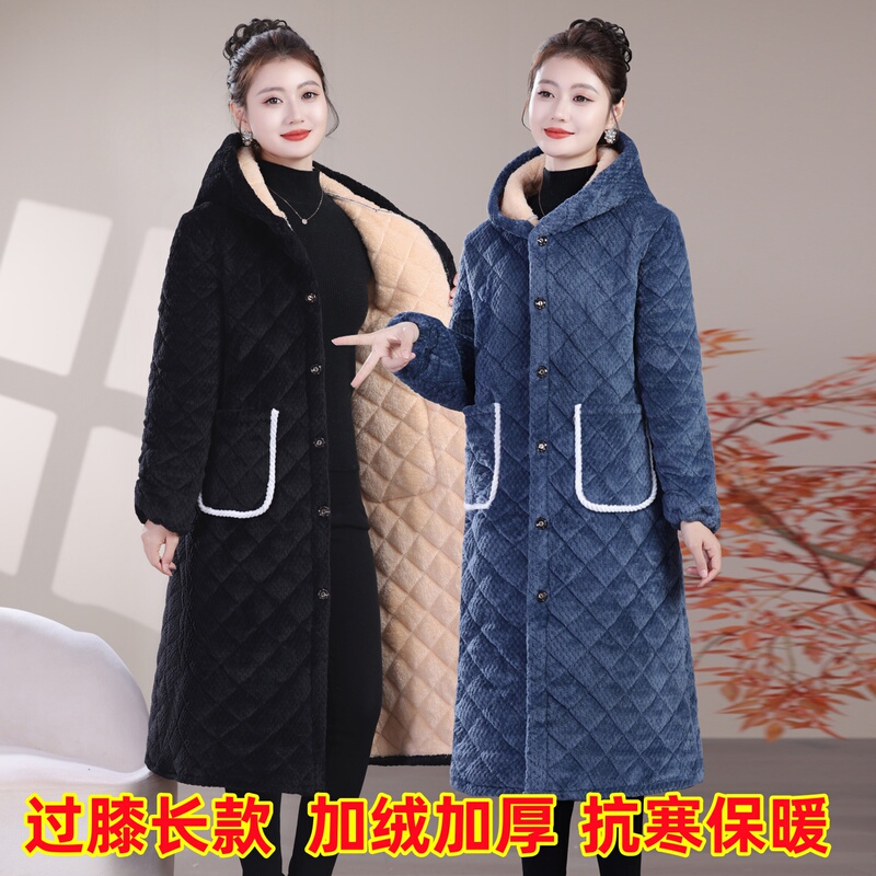 Winter Cotton Coat, Long Over-The-Knee Thickened Warm Cotton Clothing, Women's Nightgown, Coat, Hooded Loungewear, Robe, Cotton-Padded Jacket