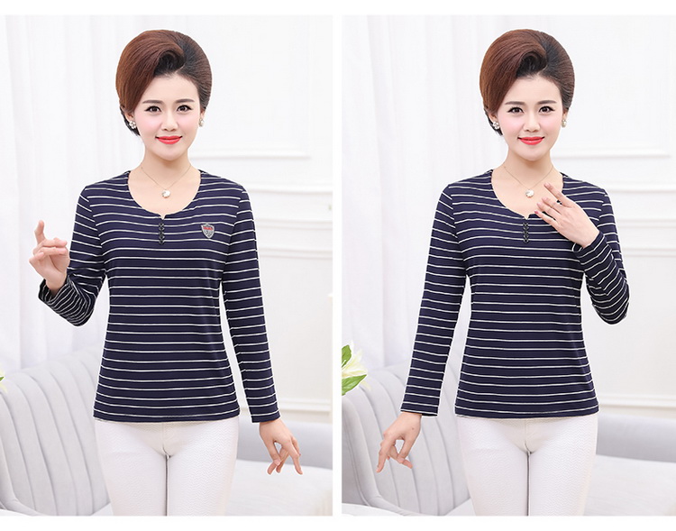 Mùa xuân trung niên sọc áo thun nữ cotton cổ chữ V mẹ dài tay áo sơ mi nữ màu đen và trắng nhỏ áo kiểu trung niên