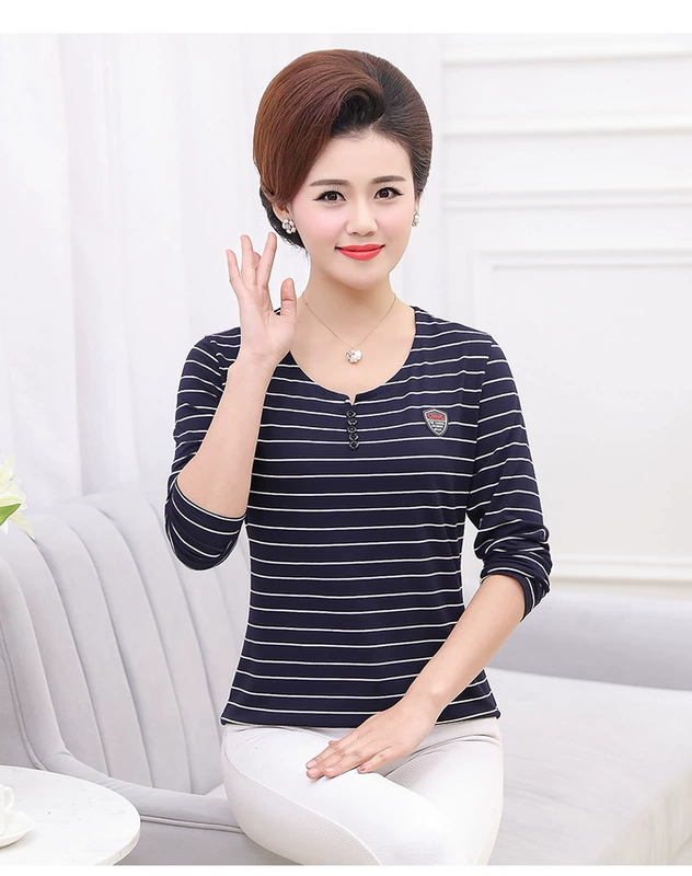 Mùa xuân trung niên sọc áo thun nữ cotton cổ chữ V mẹ dài tay áo sơ mi nữ màu đen và trắng nhỏ