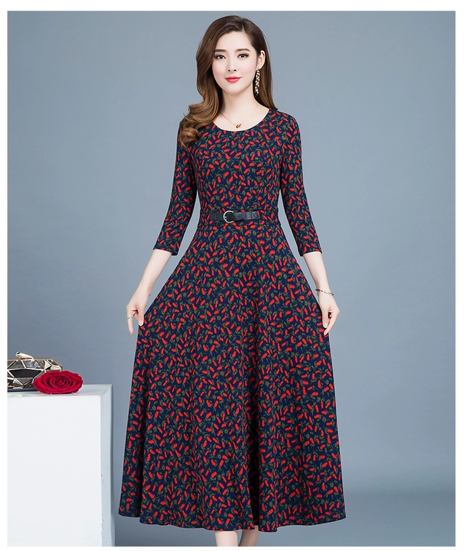 Váy đầm xuân rộng qua đầu gối nữ khí chất quý phái xuân hè thu mới đầm mẹ trung thu tay dài tay váy hoa - Quần áo của mẹ đầm suông tuổi trung niên